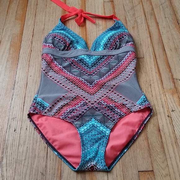 Prana One Piece Swimsuit Orange and Aqua Design - Picture 10 of 11